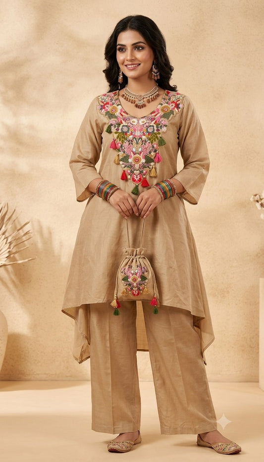 Mal Chanderi 2 Piece Suit Set - Chikoo - House of Patakha