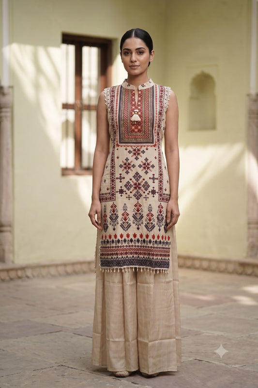 Cotton 2 Piece Suit Set - Cream - House of Patakha