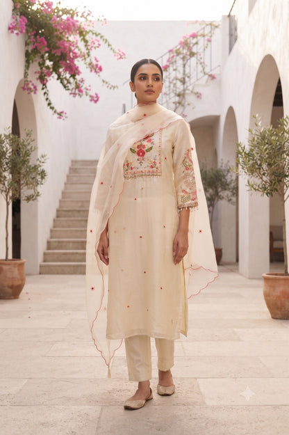 Guchi Silk 3 Piece Suit Set - Cream - House of Patakha