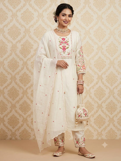 Guchi Silk 3 Piece Suit Set - Cream - House of Patakha