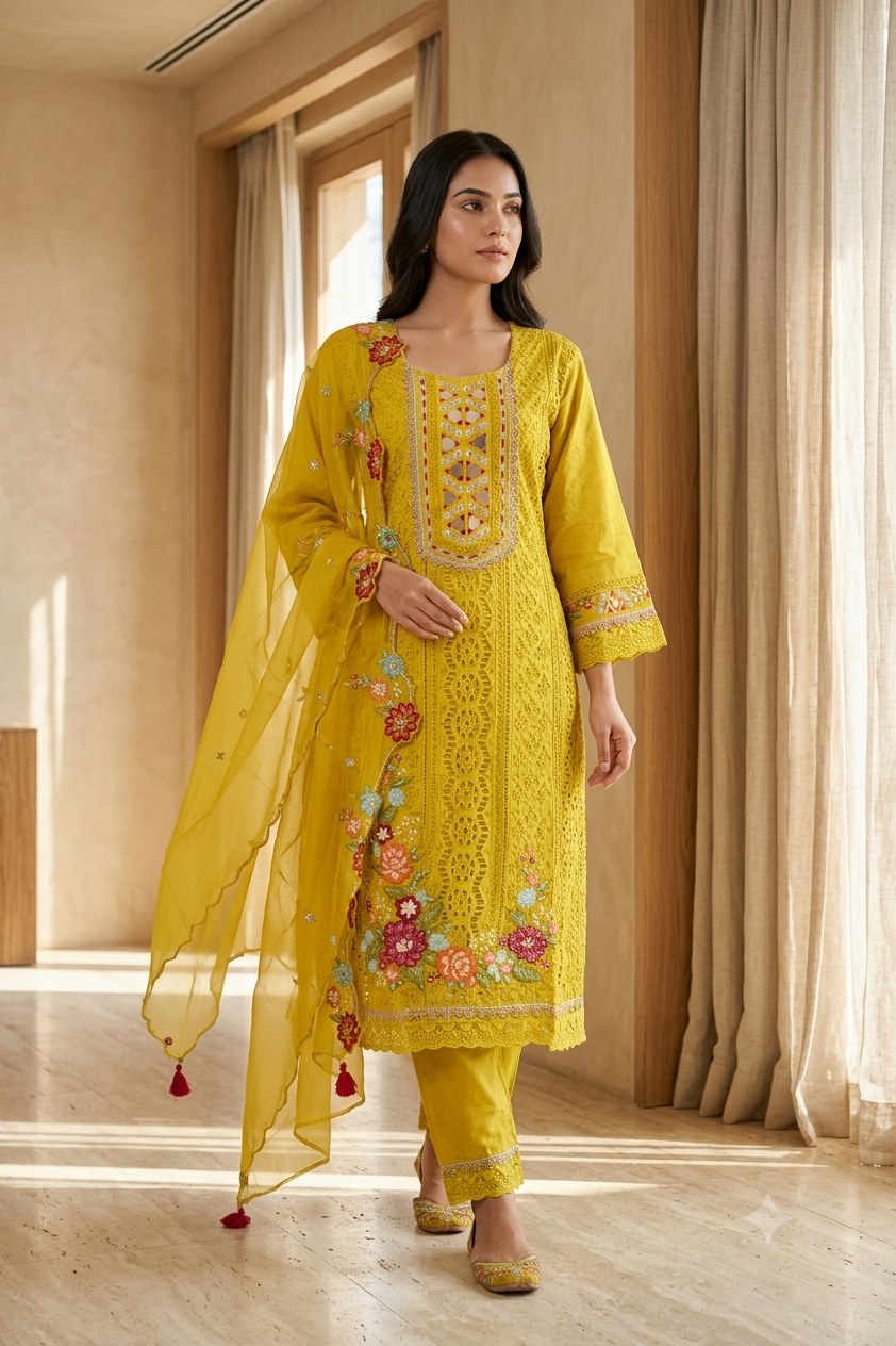 Muslin 3 Piece Suit Set - Mehndi Green - House of Patakha