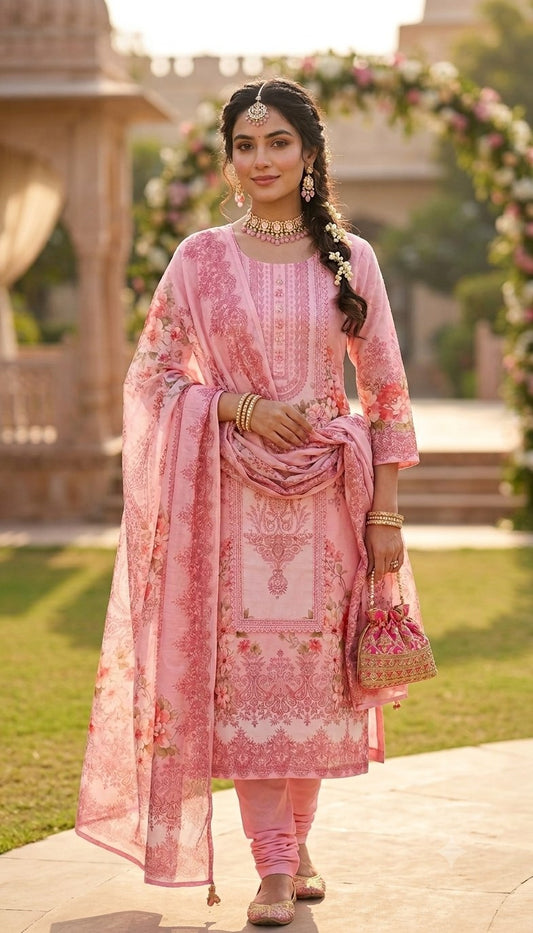 Mal Chanderi 3 Piece Suit Set - Pink, Green & Sky - House of Patakha