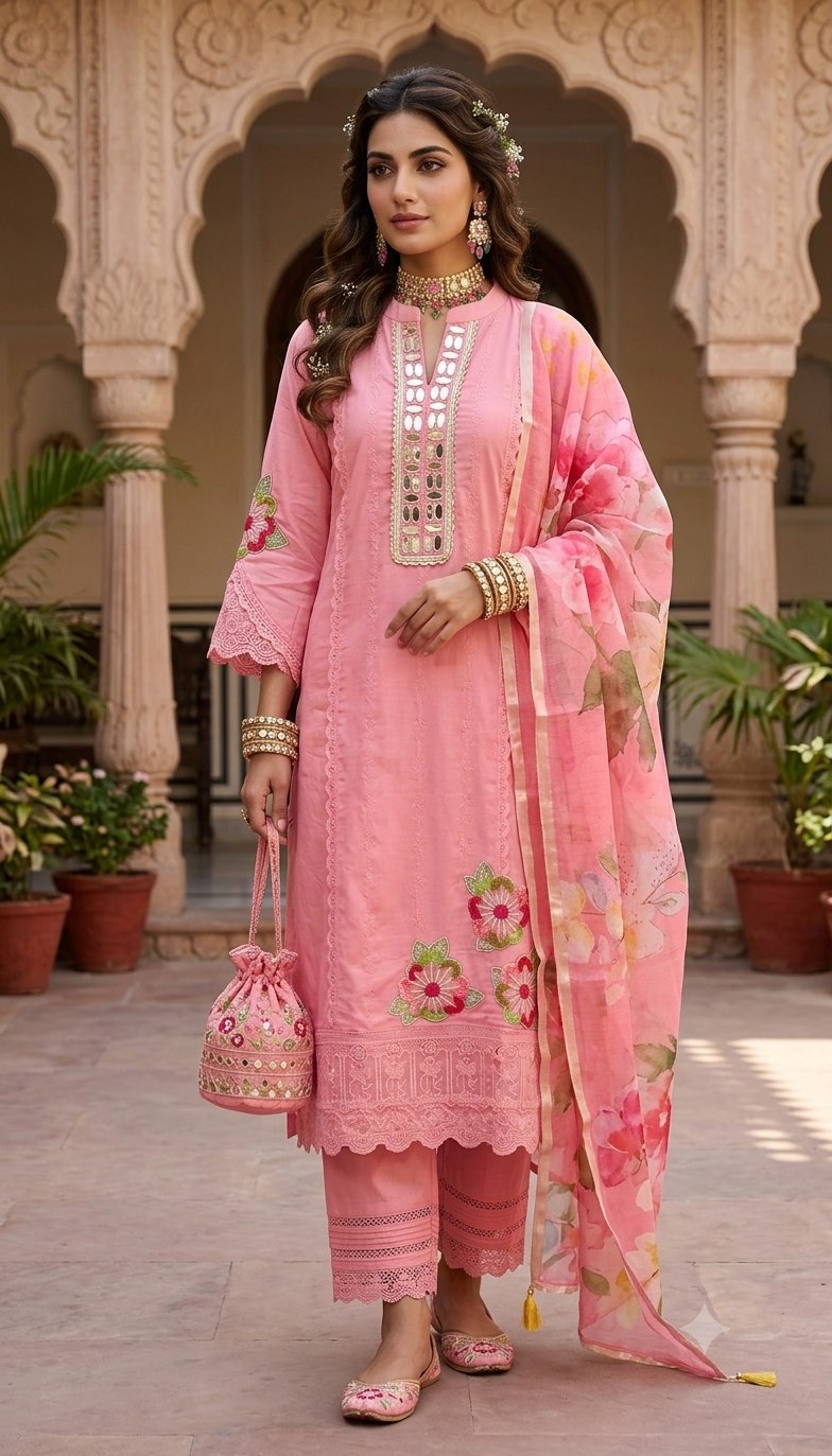 Cotton 3 Piece Suit Set - Gajar Pink - House of Patakha