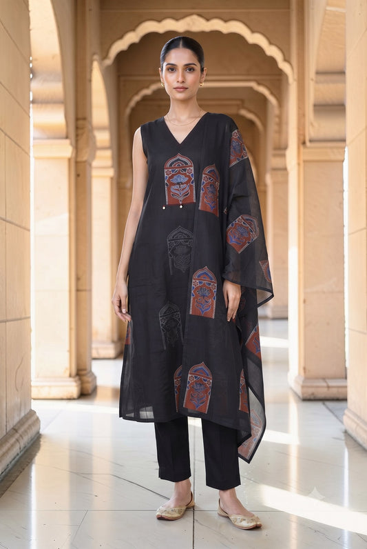 Cotton Gamthi 3 Piece Suit Set - Black - House of Patakha