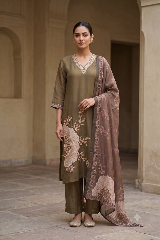 Mal Chanderi 3 Piece Suit Set - Mehndi Green - House of Patakha
