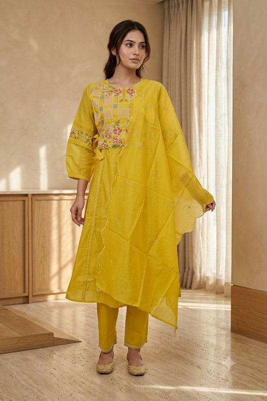 Mal Chanderi 3 Piece Suit Set - Firozi Blue & Green - House of Patakha