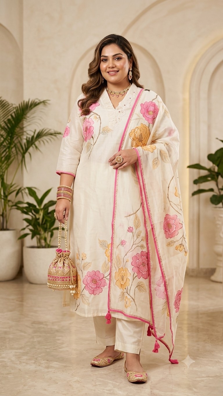 Mal Chanderi 3 Piece Suit Set - Cream - House of Patakha