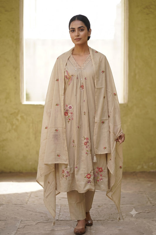 Cotton 3 Piece Suit Set - Chikoo - House of Patakha
