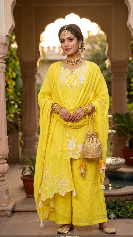 Mal Chanderi 3 Piece Suit Set - Yellow - House of Patakha