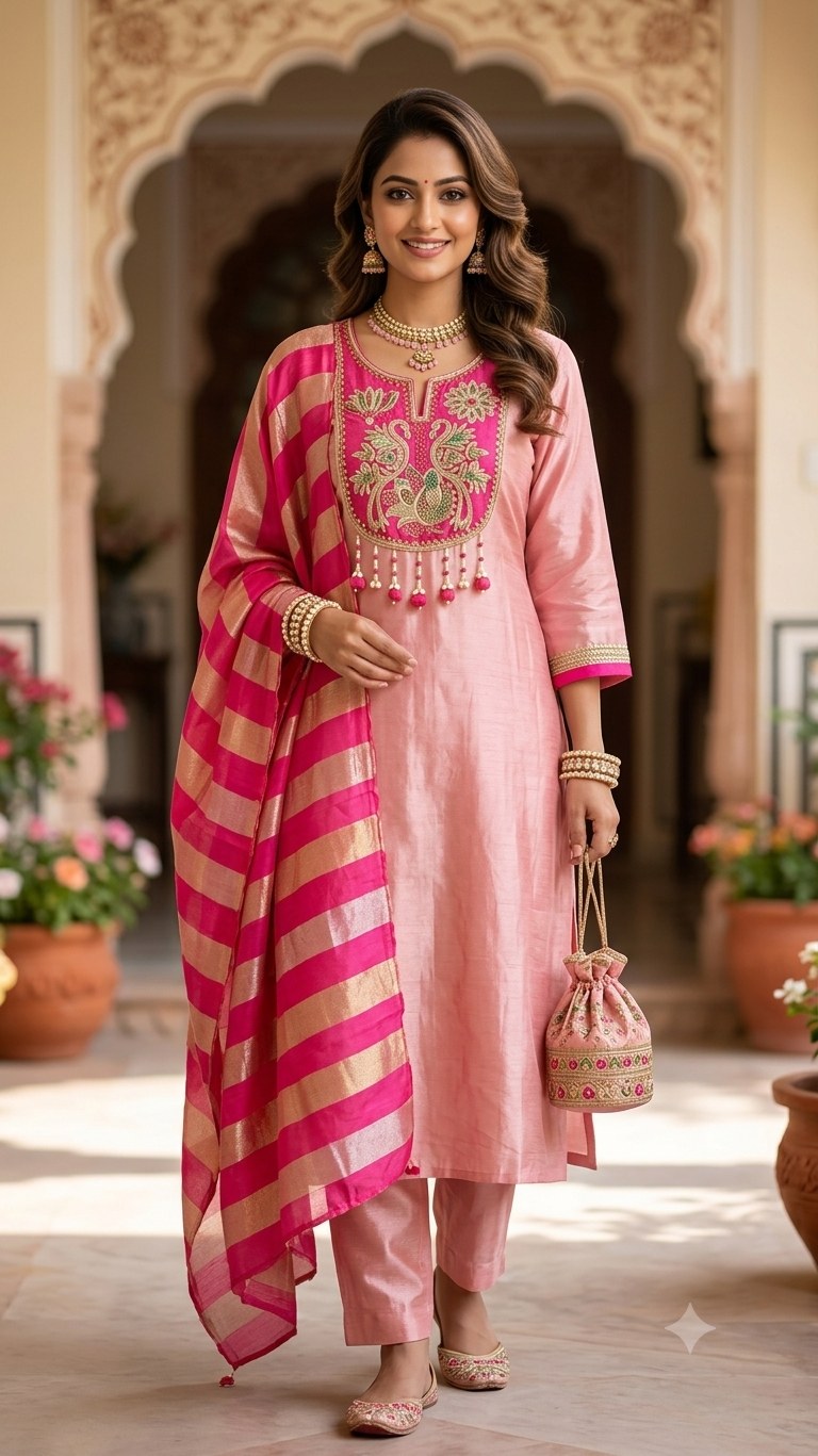 Shimmer Crush 3 Piece Suit Set - Pink - House of Patakha