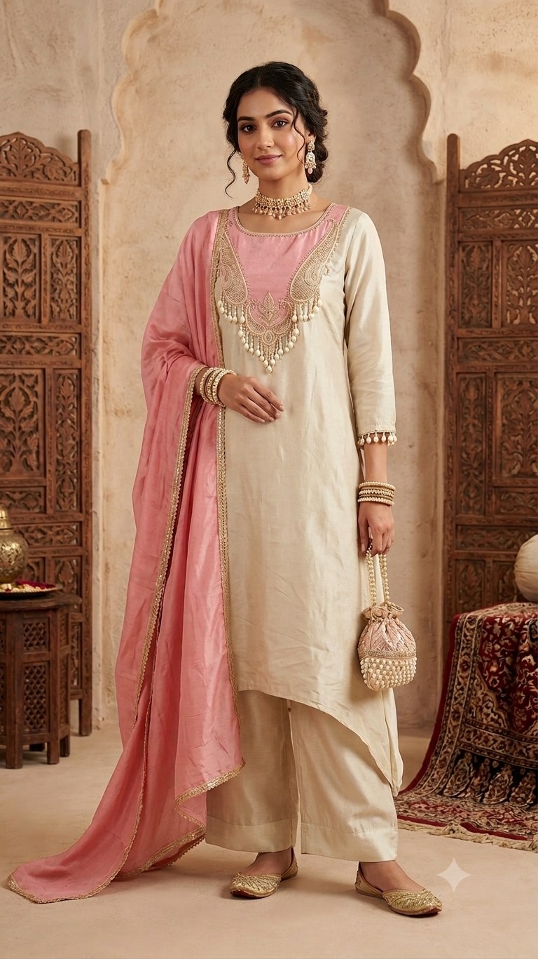 Silk 3 Piece Suit Set - Golden - House of Patakha