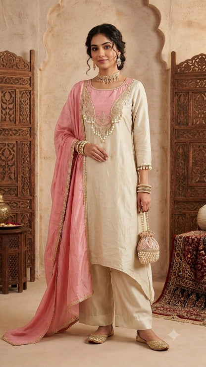 Silk 3 Piece Suit Set - Golden - House of Patakha