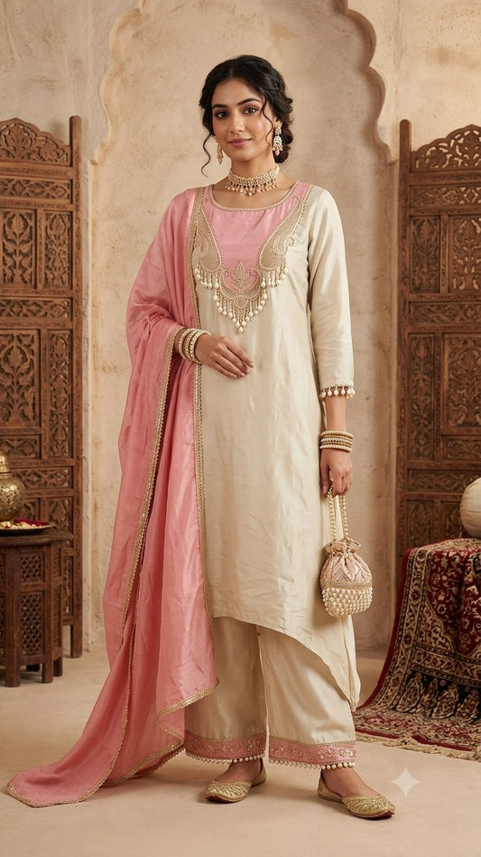 Silk 3 Piece Suit Set - Golden - House of Patakha