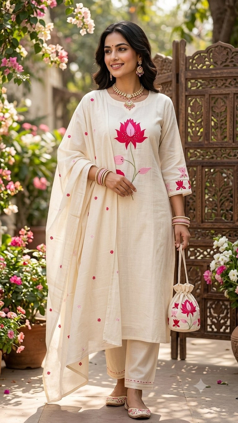 Cotton Silk 3 Piece Suit Set - Cream - House of Patakha