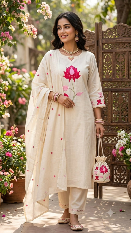Cotton Silk 3 Piece Suit Set - Cream - House of Patakha