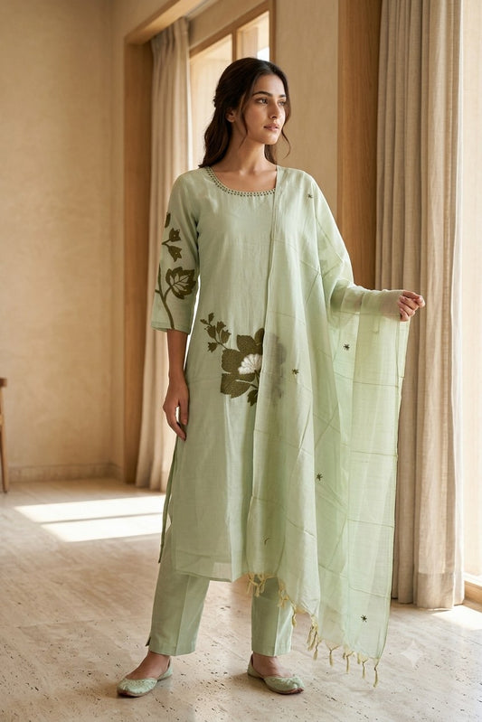 Mal Chanderi 3 Piece Suit Set - Pista & Peach - House of Patakha