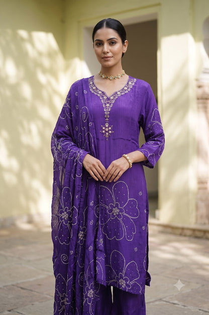Natural Crepe 3 Piece Suit Set - Purple - House of Patakha