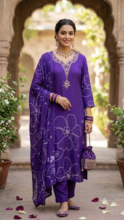 Natural Crepe 3 Piece Suit Set - Purple - House of Patakha