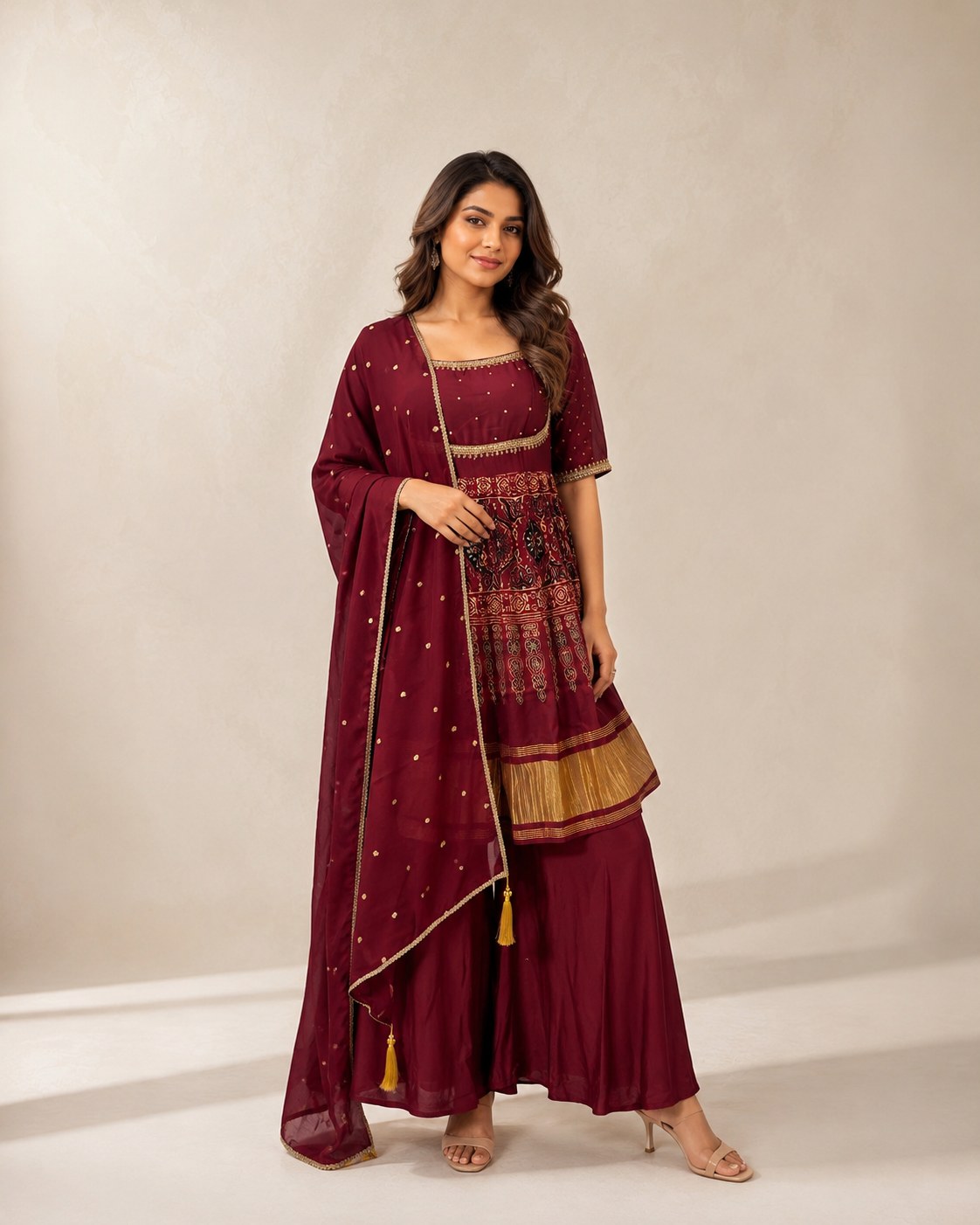 Burgundy Ajrakh 3 Piece Set - House of Patakha