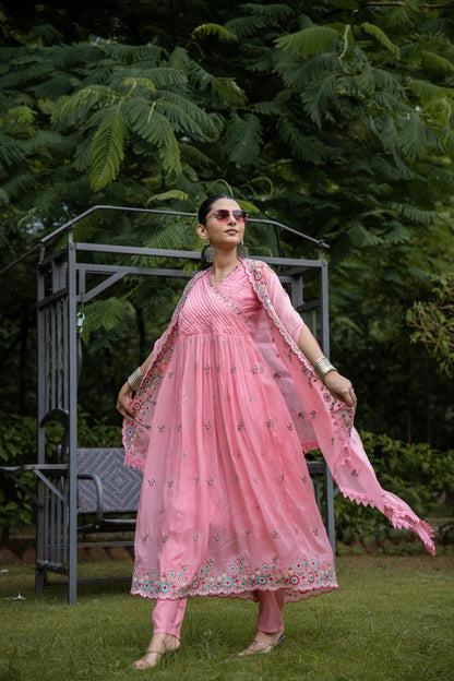 Embroidered Cape Shrug Suit Set - Pink - House of Patakha
