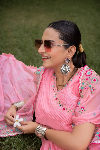 Embroidered Cape Shrug Suit Set - Pink - House of Patakha