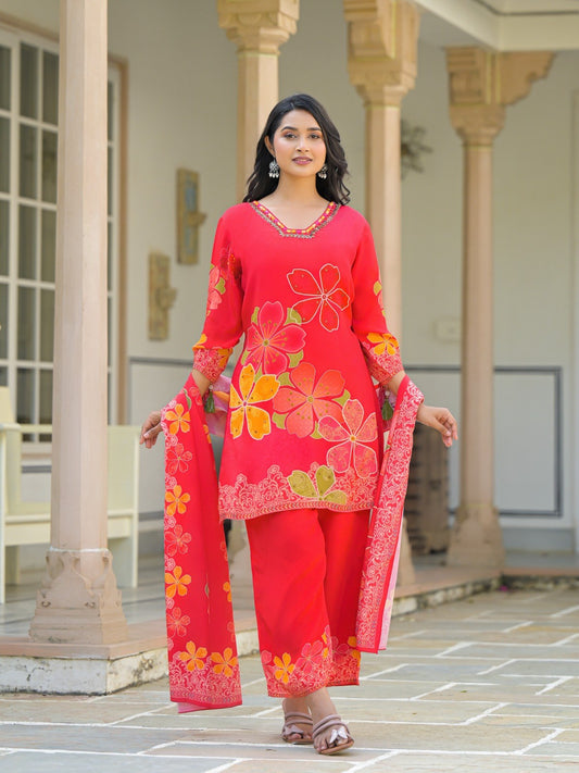 Floral Embroidered Suit Set - Red - House of Patakha