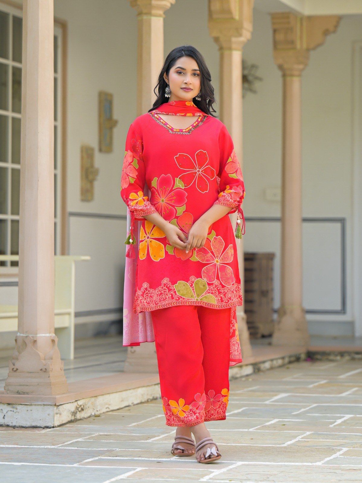 Floral Embroidered Suit Set - Red - House of Patakha