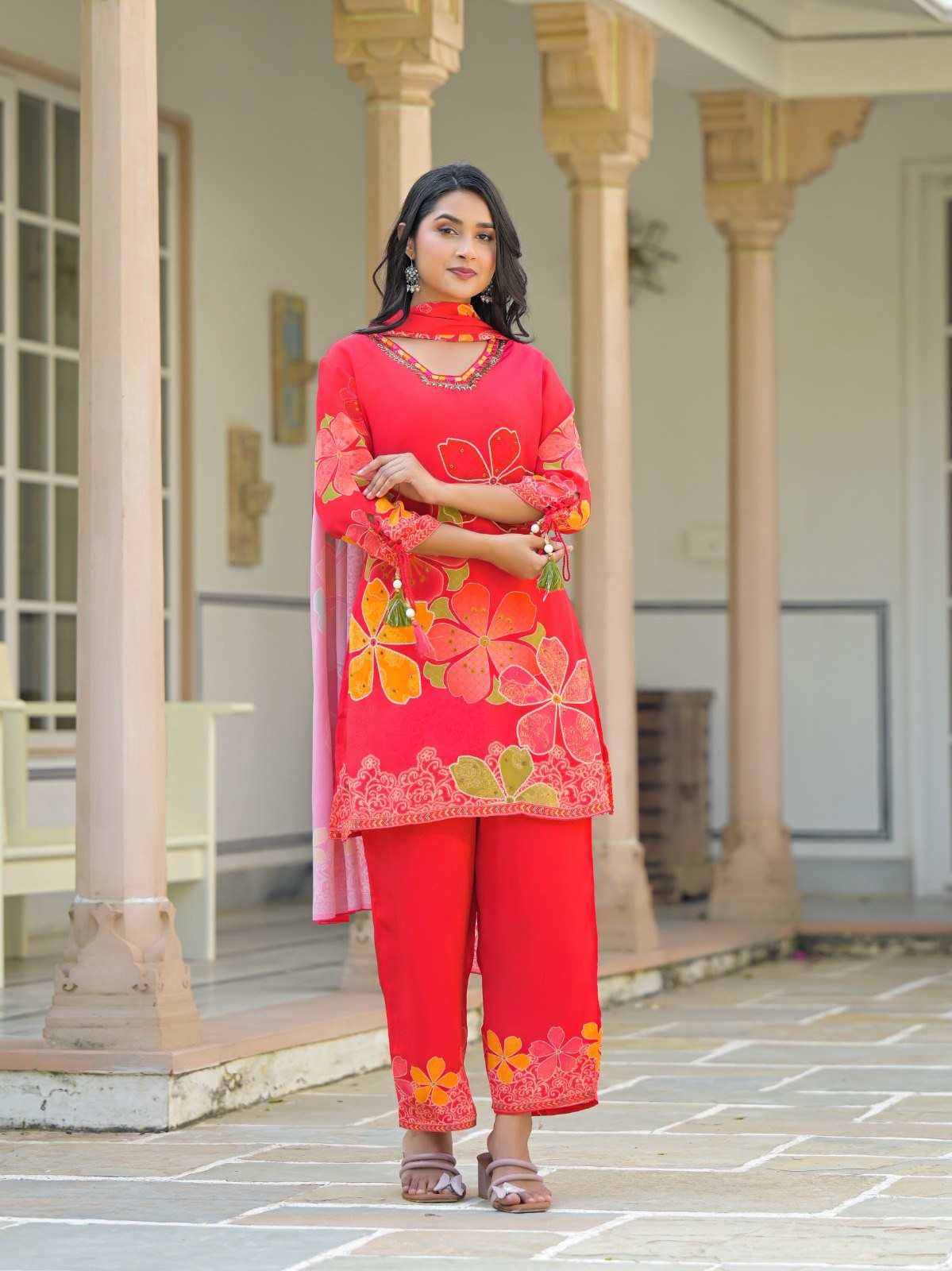 Floral Embroidered Suit Set - Red - House of Patakha