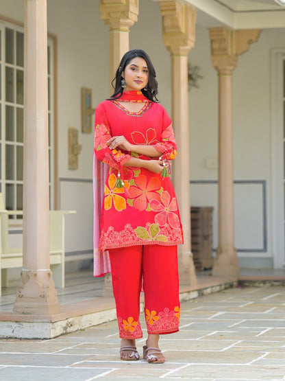Floral Embroidered Suit Set - Red - House of Patakha
