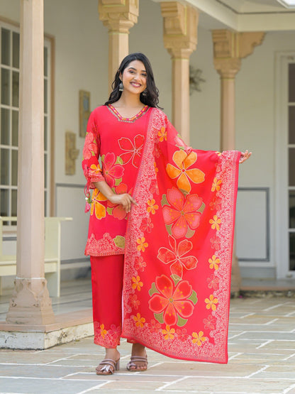 Floral Embroidered Suit Set - Red - House of Patakha