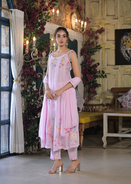 Mal Cotton Embroidered Suit Set - Pink - House of Patakha