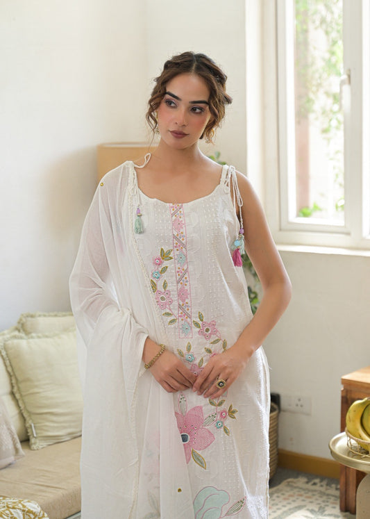 Embroidered Flared Suit Set - White & Pink - House of Patakha