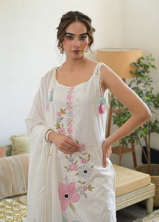 Embroidered Flared Suit Set - White & Pink - House of Patakha
