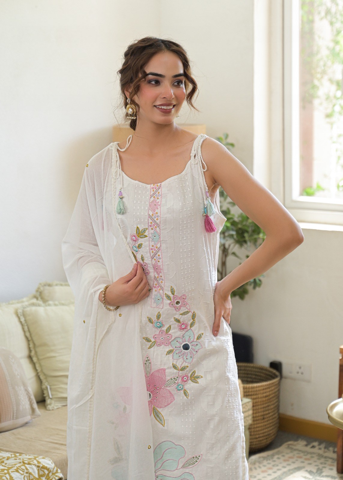 Embroidered Flared Suit Set - White & Pink - House of Patakha