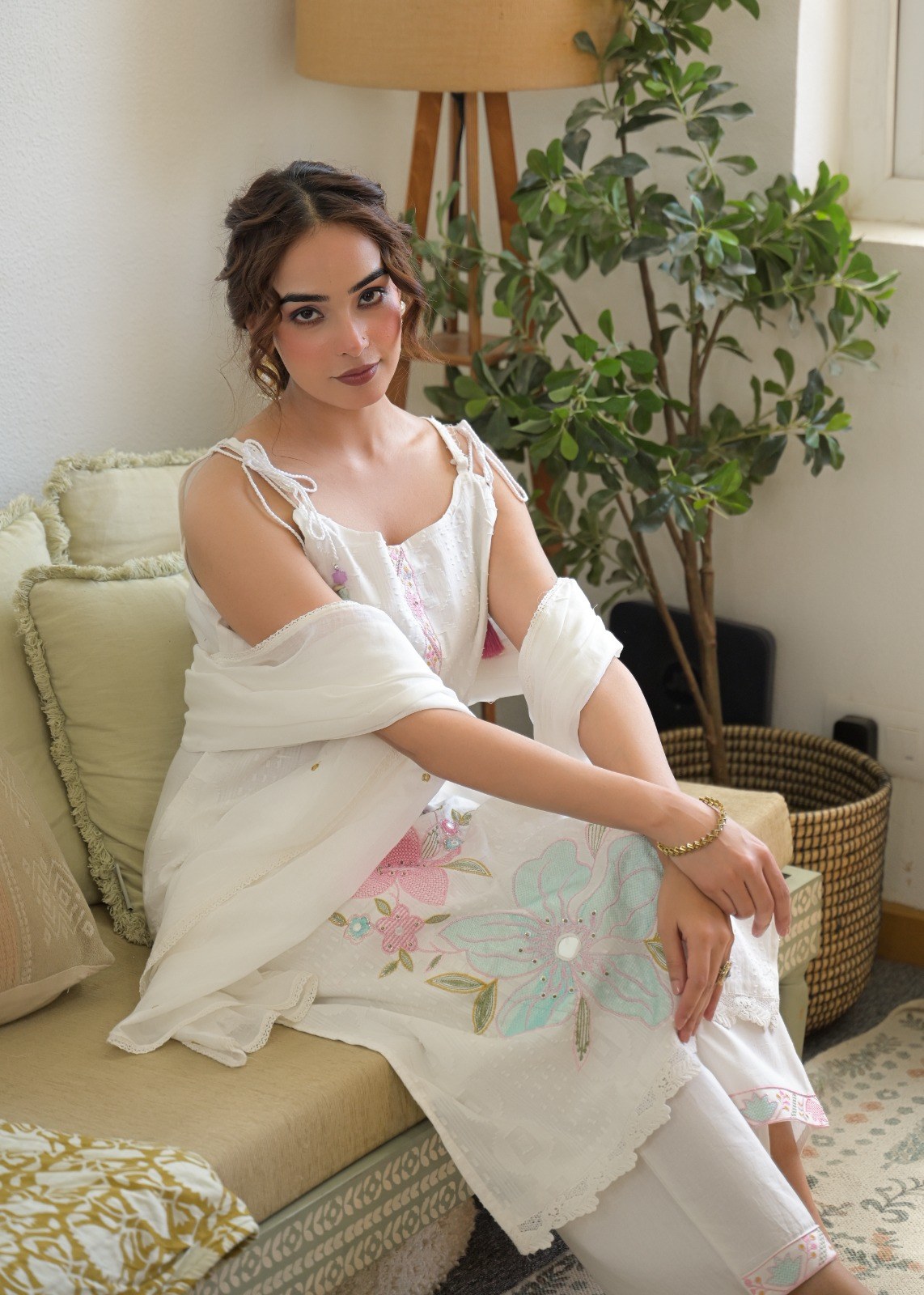 Embroidered Flared Suit Set - White & Pink - House of Patakha