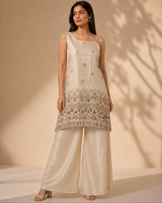 Ivory One Shoulder Palazzo Set