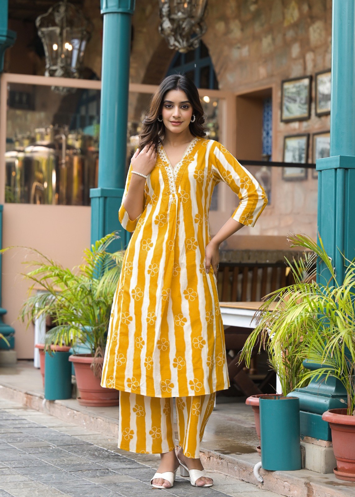 Cotton 2 Piece Suit Set - Yellow & Pink - House of Patakha