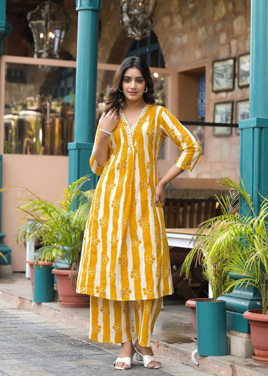 Cotton 2 Piece Suit Set - Yellow & Pink - House of Patakha