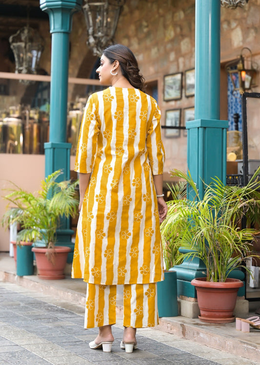 Cotton 2 Piece Suit Set - Yellow & Pink - House of Patakha