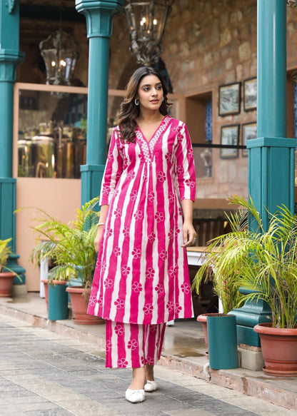 Cotton 2 Piece Suit Set - Yellow & Pink - House of Patakha