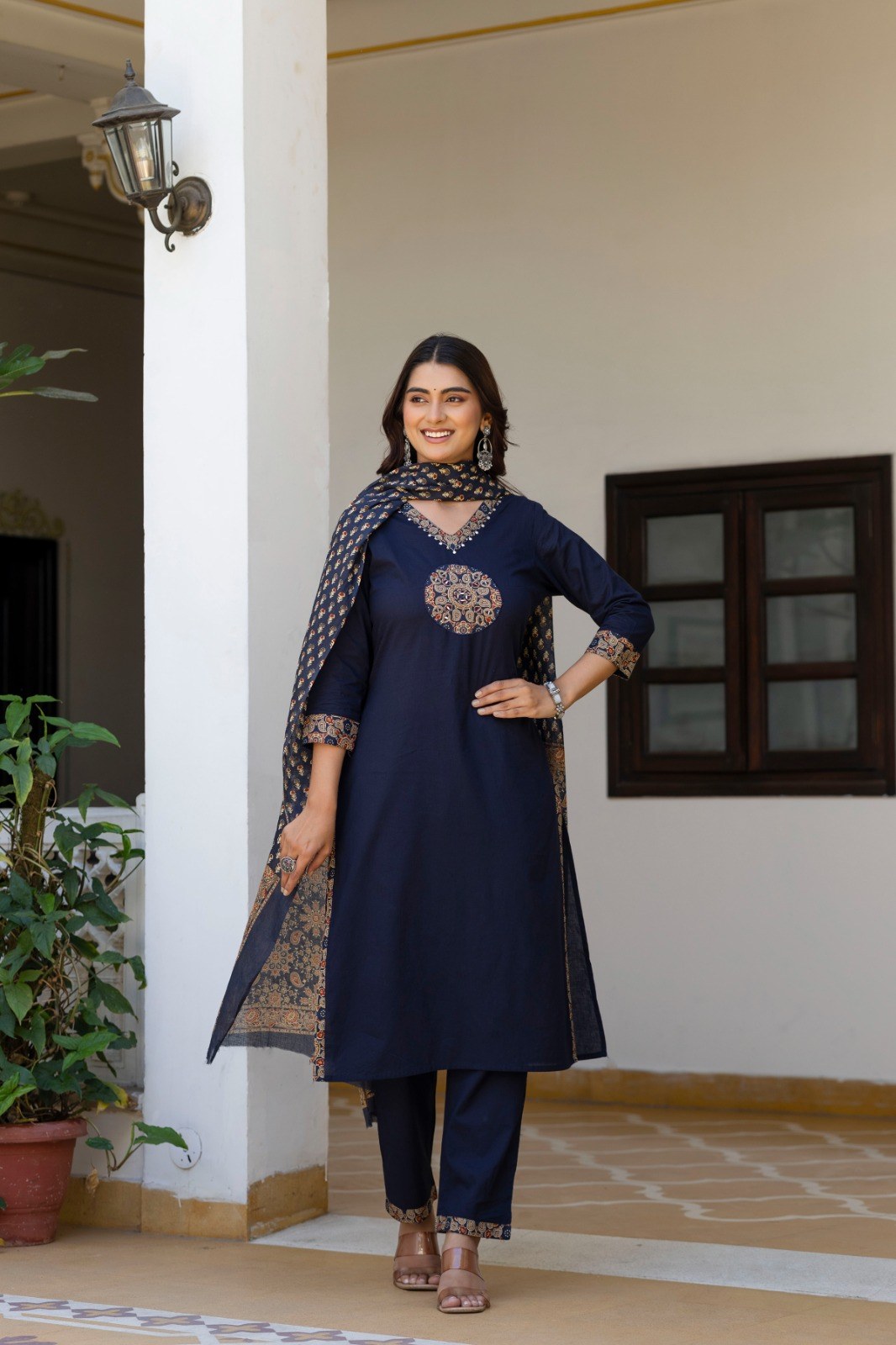 Cotton 3 Piece Suit Set - Rust & Black - House of Patakha