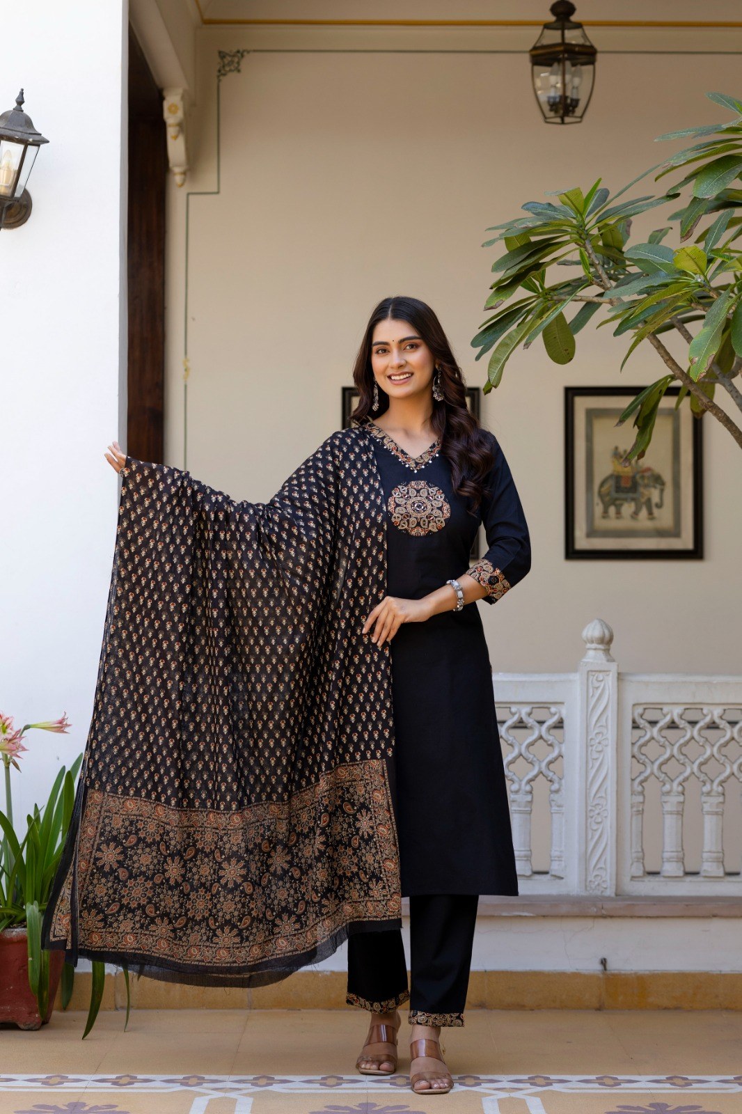 Cotton 3 Piece Suit Set - Rust & Black - House of Patakha