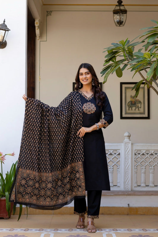 Cotton 3 Piece Suit Set - Rust & Black - House of Patakha
