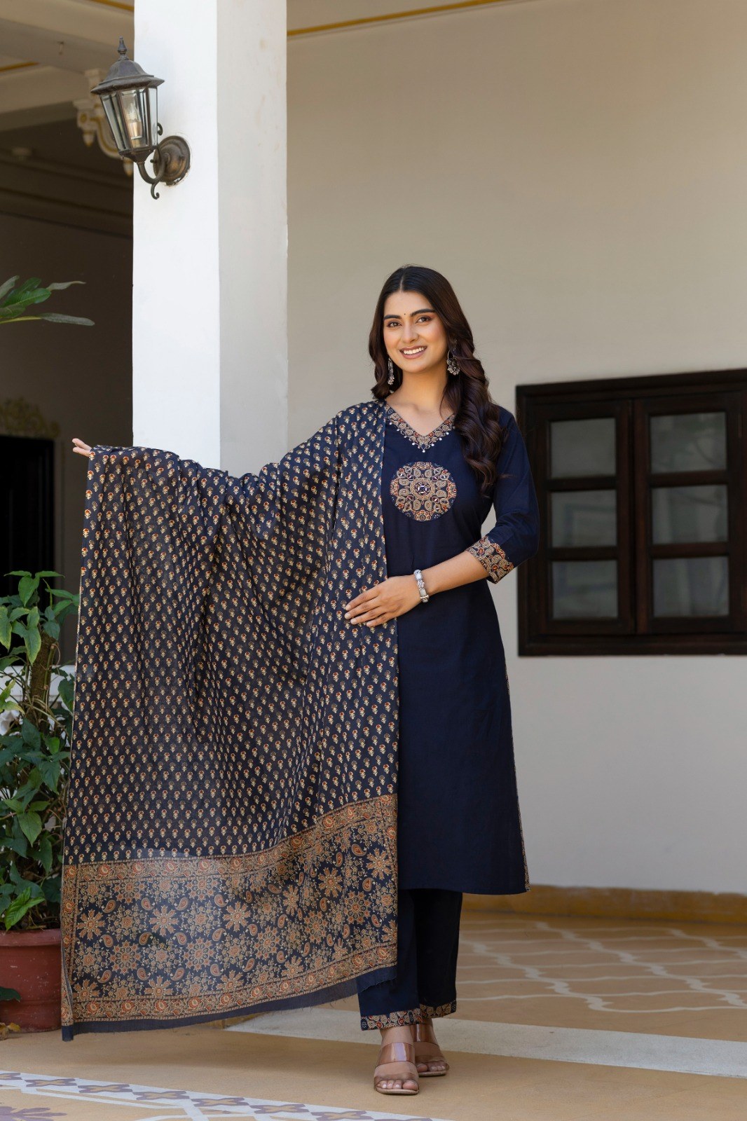Cotton 3 Piece Suit Set - Rust & Black - House of Patakha