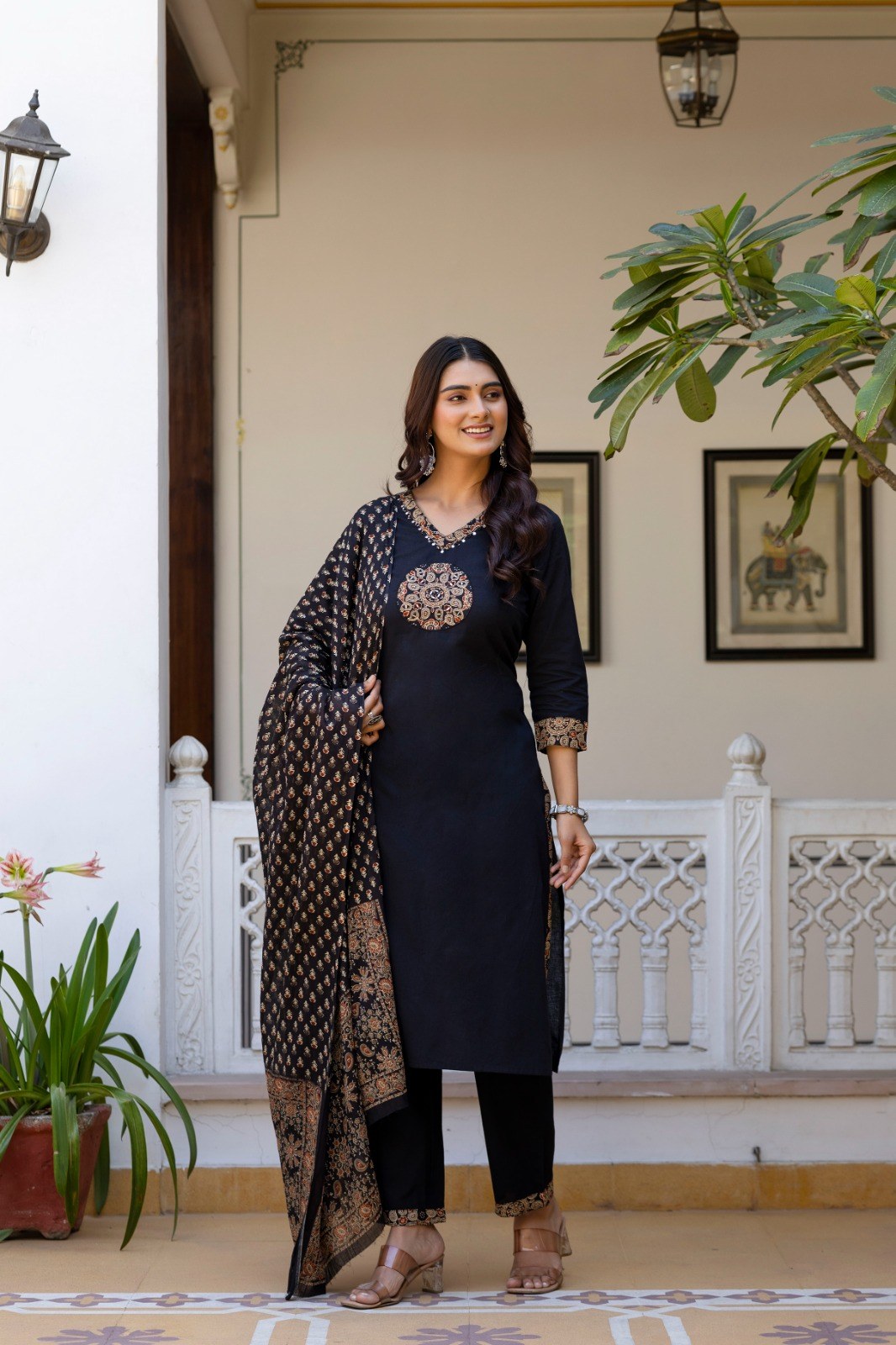 Cotton 3 Piece Suit Set - Rust & Black - House of Patakha