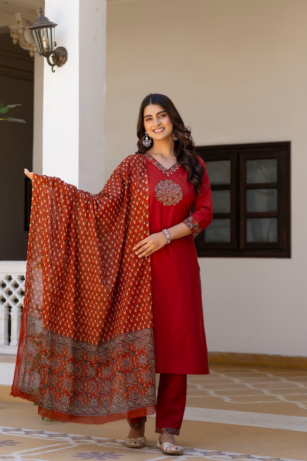 Cotton 3 Piece Suit Set - Rust & Black - House of Patakha
