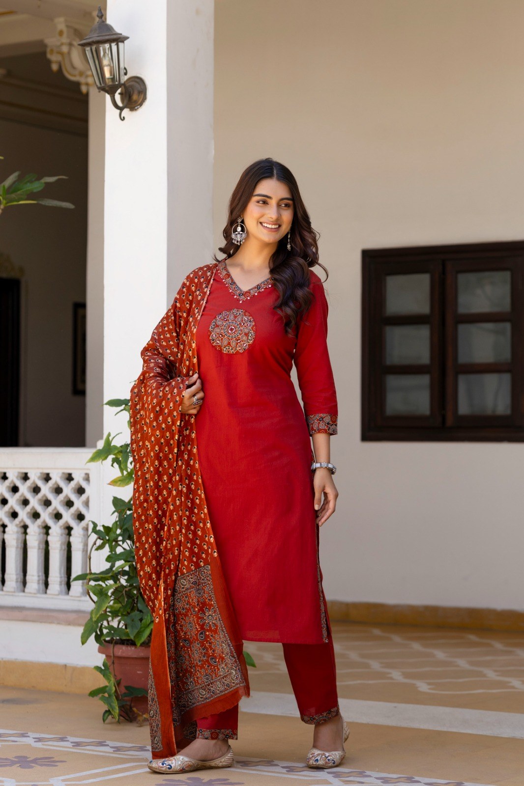 Cotton 3 Piece Suit Set - Rust & Black - House of Patakha