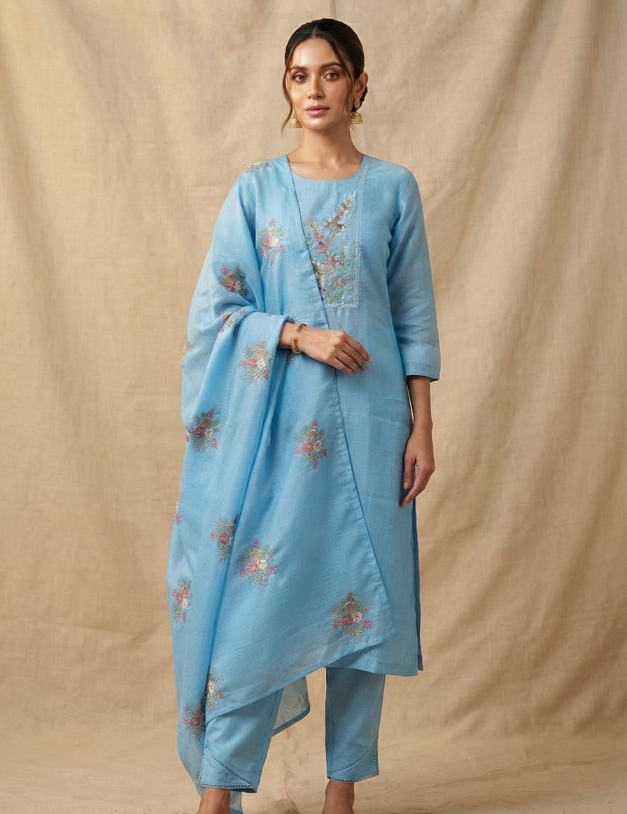 Kora Cotton 3 Piece Suit Set - Sky - House of Patakha