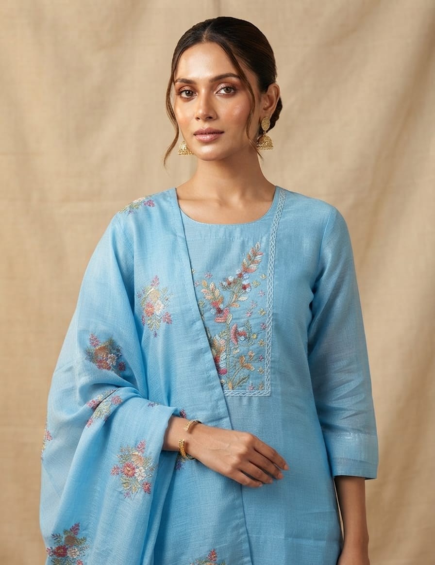 Kora Cotton 3 Piece Suit Set - Sky - House of Patakha