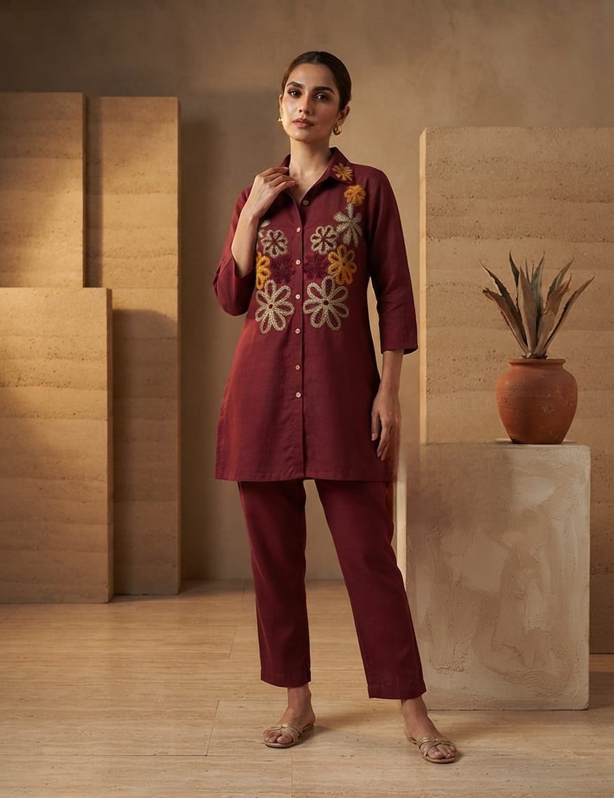 Cotton Co-ord Set - Maroon - House of Patakha